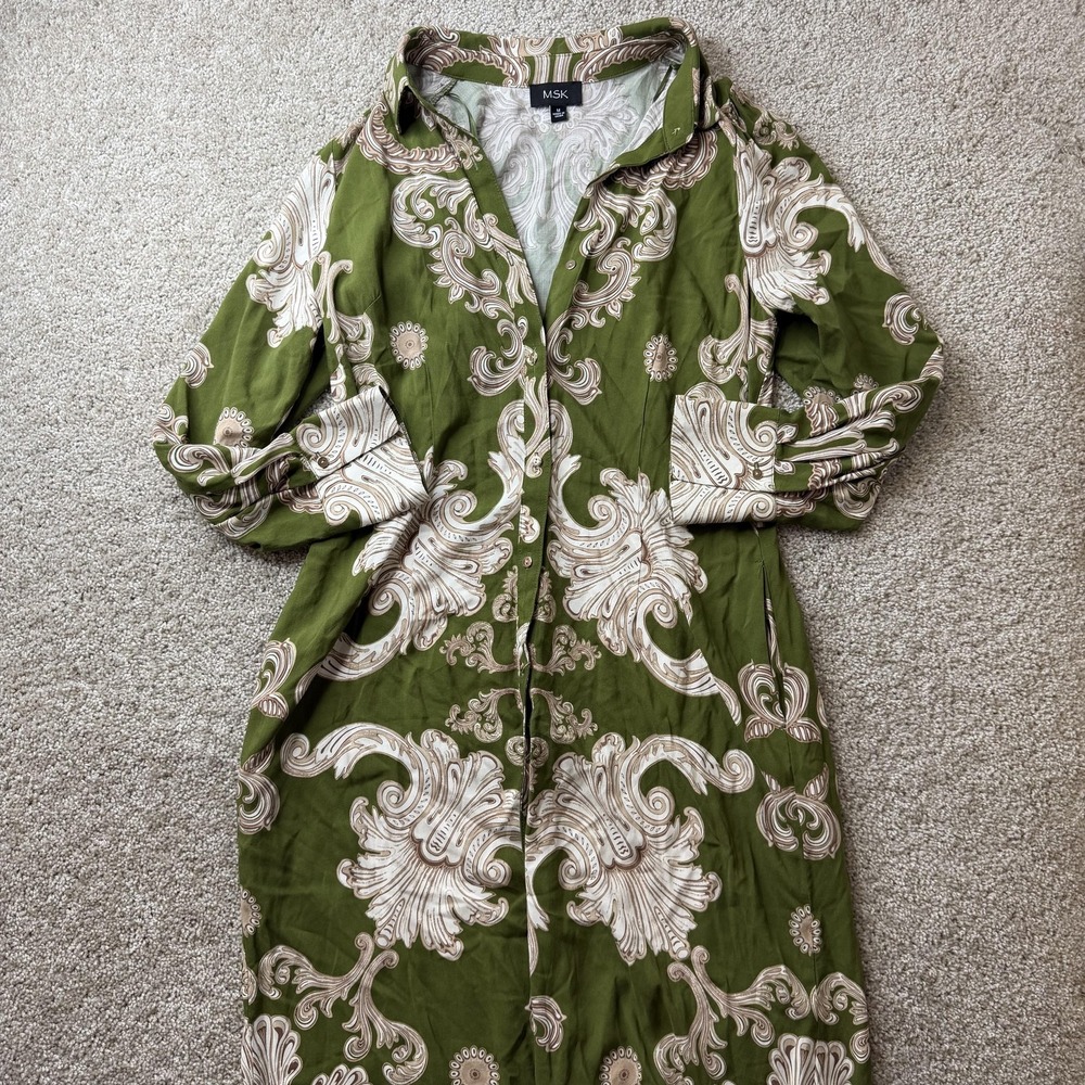MSK Dress Womens M Green Paisley 3/4 Sleeve Collared Button Shirt Maxi Boho